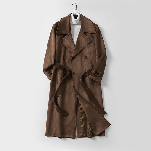 Herren Maxilanger Trenchcoat aus Velourslederoptik mit Doppelreihe und Taillenband Nord Taschen