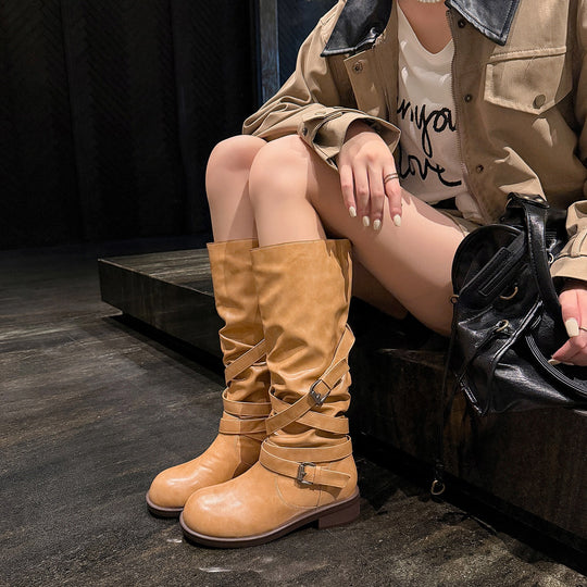 Damen Wadenhohe Bikerstiefel mit Wickelriemen und verstellbaren Schnallen Nord Taschen