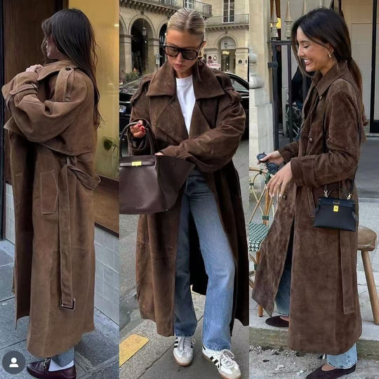Damen Midilanger Oversize-Trenchcoat aus Veloursimitat mit doppelreihiger Knopfleiste, Schulterpatten und Bindegürtel Nord Taschen