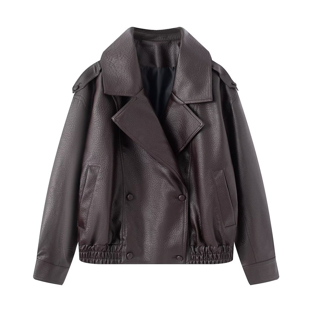 Damen Oversized Kunstlederjacke mit großem Revers, doppelreihiger Druckknopfleiste und elastischem Saum Nord Taschen