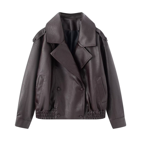 Damen Oversized Kunstlederjacke mit großem Revers, doppelreihiger Druckknopfleiste und elastischem Saum Nord Taschen