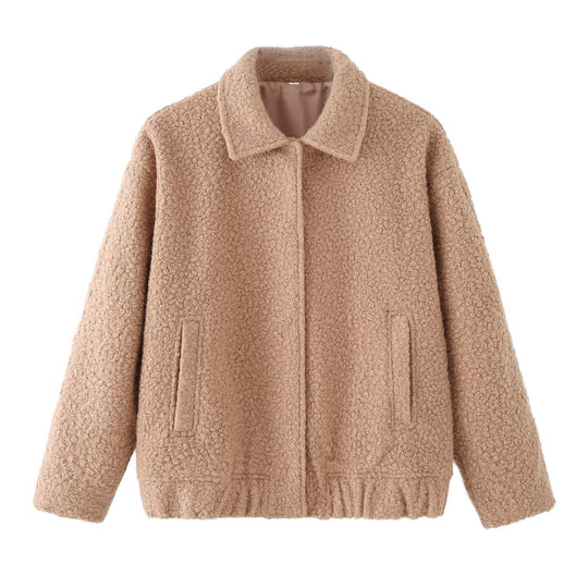 Damen Teddy-Boxy-Jacke mit Hemdkragen, Eingrifftaschen und elastischem Saum Nord Taschen