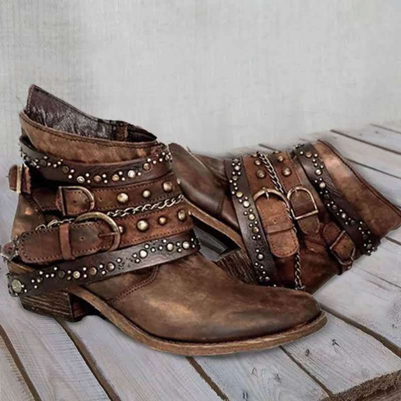 Damen Western‑Ankleboots mit dekorativen Schnallenriemen, Nieten und Ketten Nord Taschen