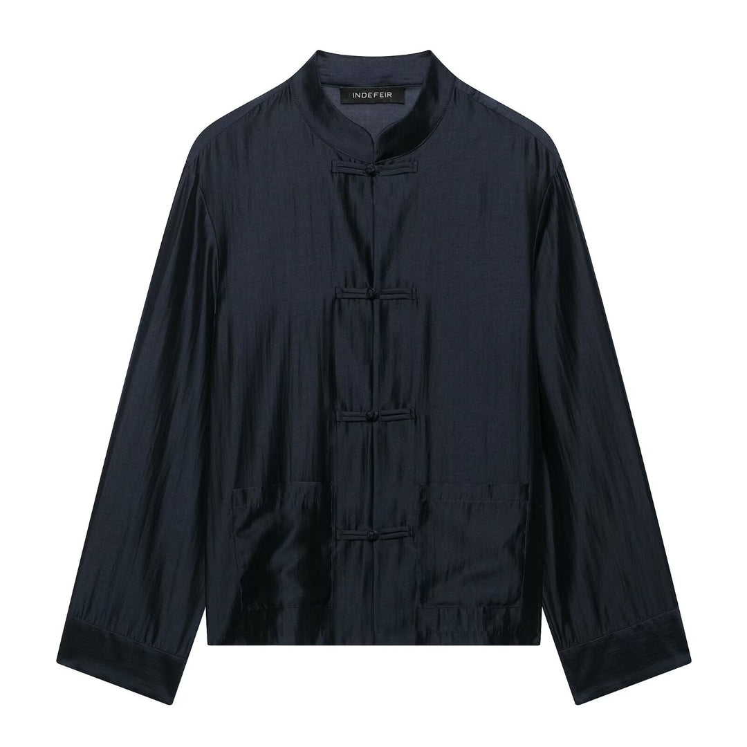 Damen Chinesisch-inspirierte Hemdjacke mit Stehkragen und Knotenknöpfen Nord Taschen