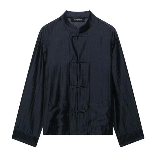 Damen Chinesisch-inspirierte Hemdjacke mit Stehkragen und Knotenknöpfen Nord Taschen