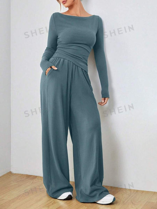 Damen Loungewear-Set aus weichfallendem Jersey mit U-Boot-Ausschnitt, tailliertem Longsleeve und weiter Palazzo-Hose Nord Taschen