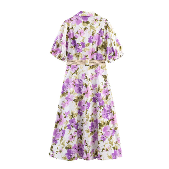 Damen Midikleid mit Hemdblusenkragen, taillenbetontem Flechtgürtel und Volantrock Nord Taschen