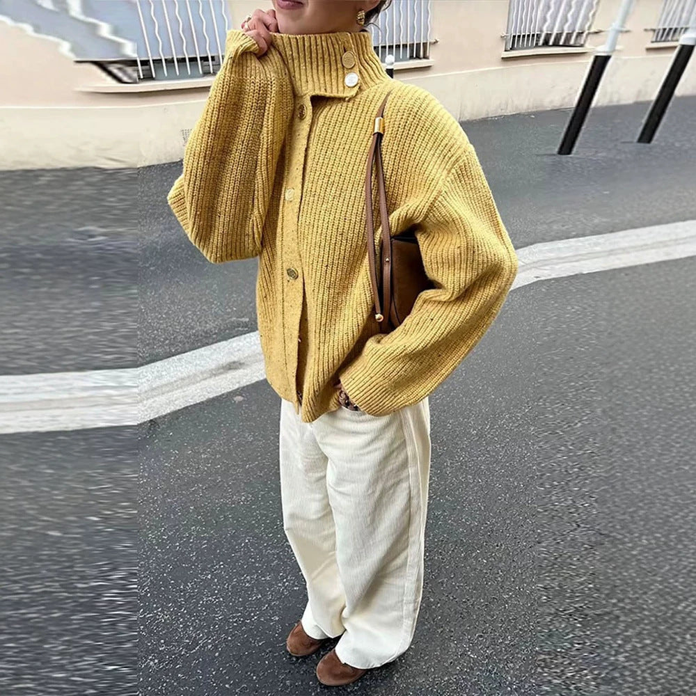 Damen Oversize-Strickjacke mit Rippenstruktur und Stehkragen Nord Taschen