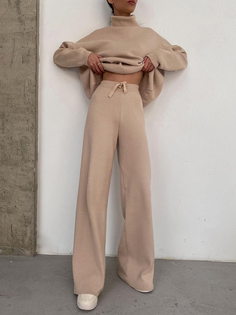 Damen Weite Strickhose mit hoher Taille, Tunnelzug und weitem Bein Nord Taschen