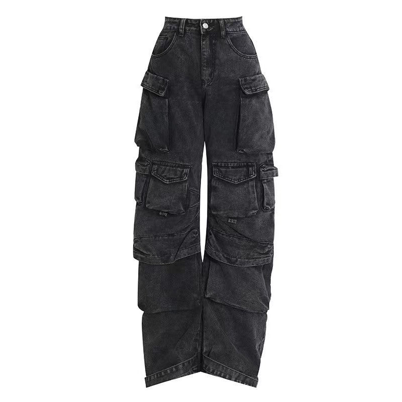 Damen weit geschnittene Cargo-Jeans mit mehreren Taschen und entspannter Passform - Arvani