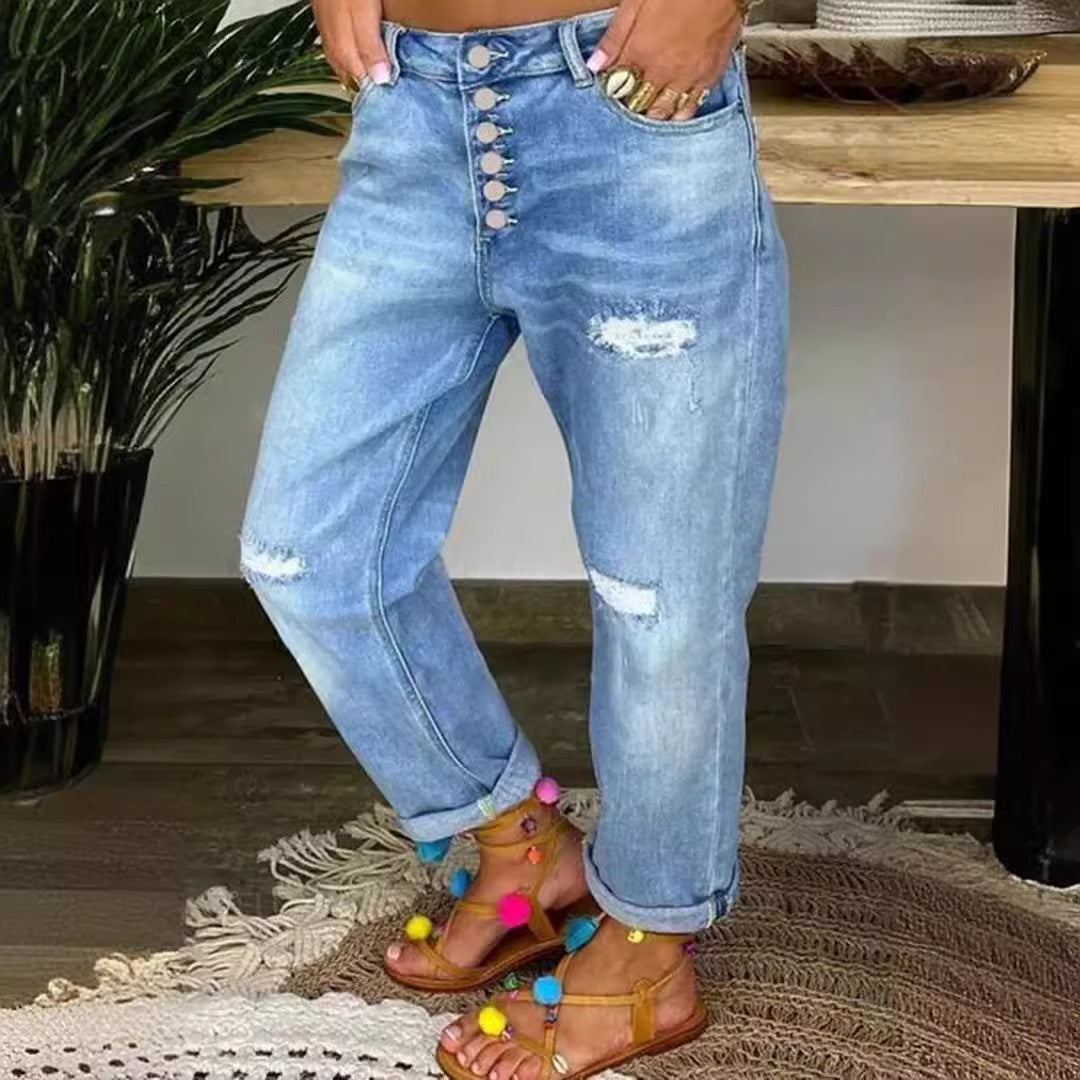Damen Boyfriend Jeans mit Knopfleiste und distressed Effekten
