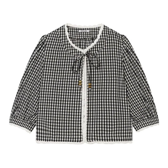 Damen Vichykaro-Bluse mit Häkelbesatz, Bindeband und dreiviertel Ballonärmeln Nord Taschen