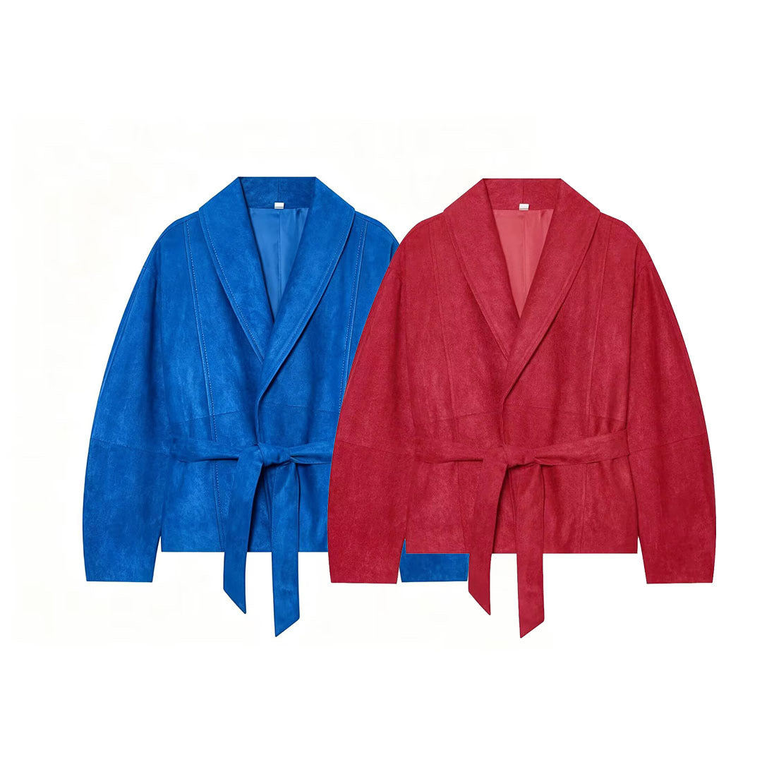 Damen Kurzjacke im Kimono‑Stil aus Veloursoptik mit Schalkragen und Bindegürtel Nord Taschen