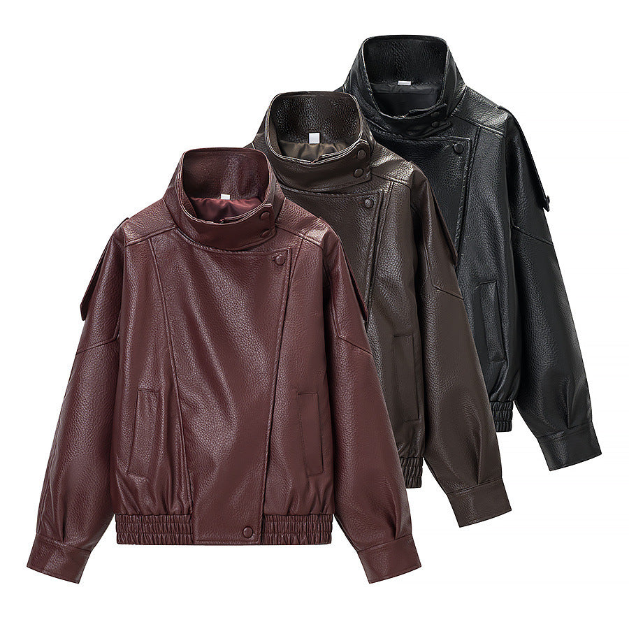 Damen Oversized Kunstlederjacke mit hohem Stehkragen, asymmetrischer Knopfleiste und elastischem Saum Nord Taschen