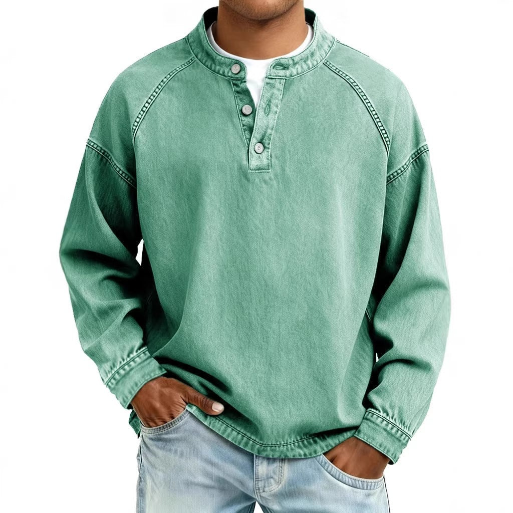 Herren Langarm-Henley Sweatshirt mit Stehkragen und Vintage-Denim-Effekt Nord Taschen