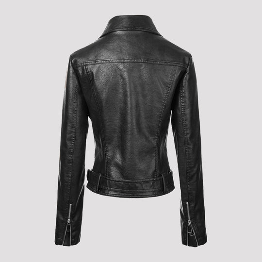 Damen Kurz geschnittene taillierte Leder-Bikerjacke mit Taillengürtel und asymmetrischem Reißverschluss Nord Taschen