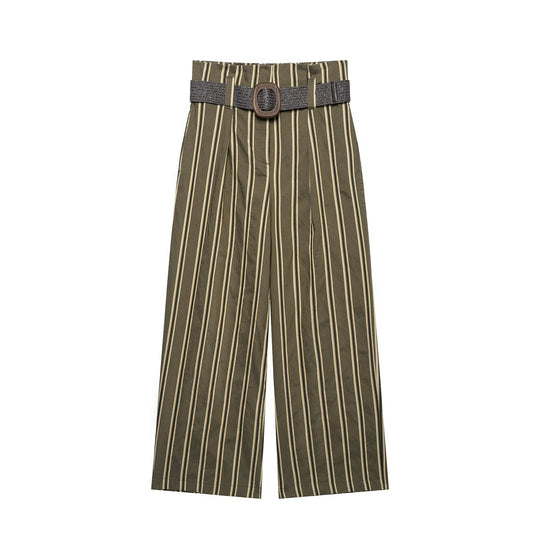 Damen Hochtaillierte weite Hose mit vertikalem Streifenmuster und Taillengürtel Nord Taschen