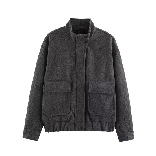 Damen Wollmix-Blousonjacke mit Stehkragen, großen Klappentaschen und elastischem Saum Nord Taschen