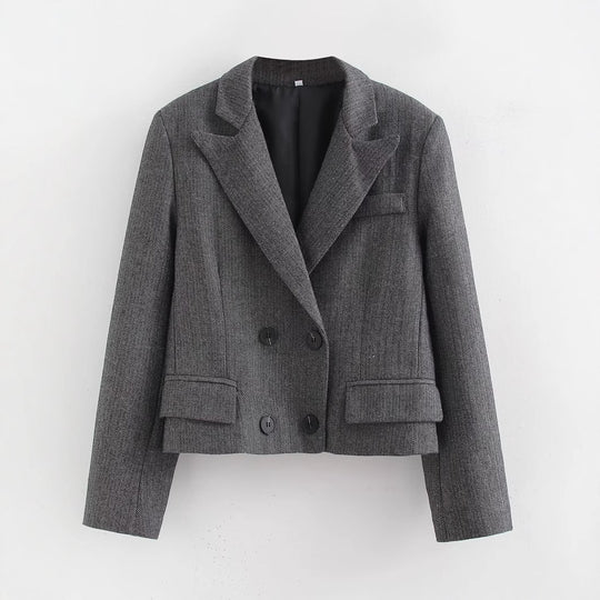 Damen Kurzgeschnittener doppelreihiger Blazer im Fischgrätmuster Nord Taschen