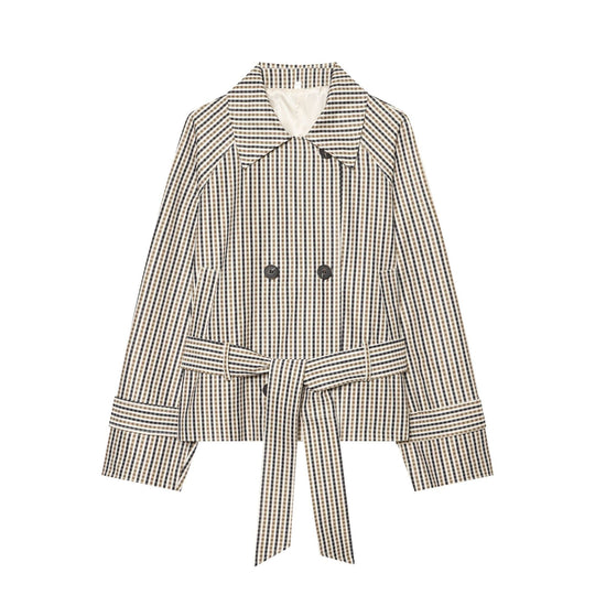 Damen Kurzer taillierter Trenchcoat im Vichy-Karo mit Bindegürtel Nord Taschen