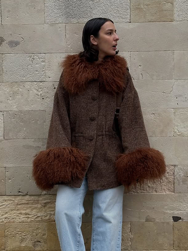 Damen Oversize Wollmix-Marka Mantel mit voluminösem Lammfellimitatkragen und extra weitem Ärmelabschluss Nord Taschen