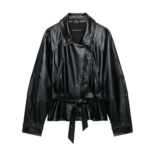 Damen Taillierter Kunstleder-Blazer mit Bindegürtel und Schalkragen Nord Taschen