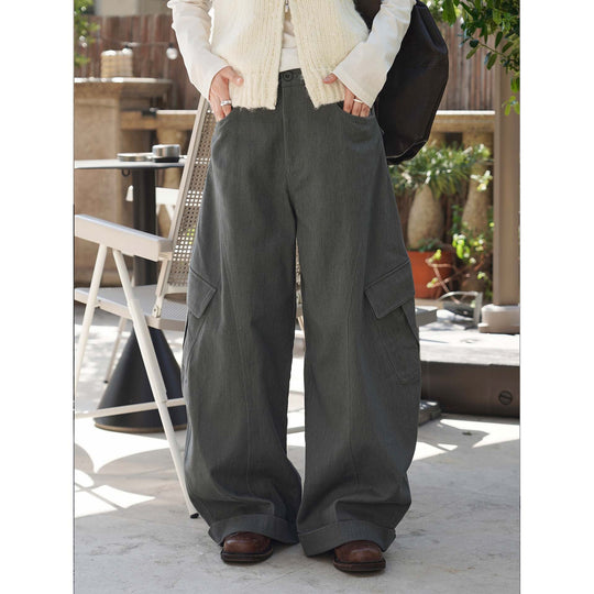 Damen Weite Twill-Cargo-Hose im Baggy-Stil mit hoher Bundlinie, Knie-Panels und Umschlagsaum Nord Taschen