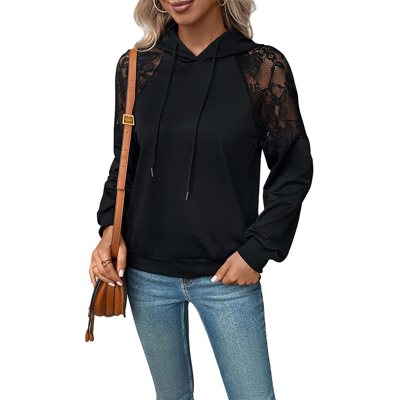 Damen Kapuzenpullover mit Spitzen-Schultereinsatz, Raglanärmeln und legerer Passform Nord Taschen