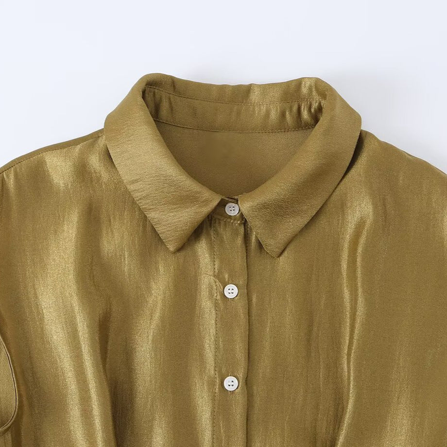 Damen Ärmelloses Hemdblusenkleid mit Taillenfalten und Gürtel Nord Taschen