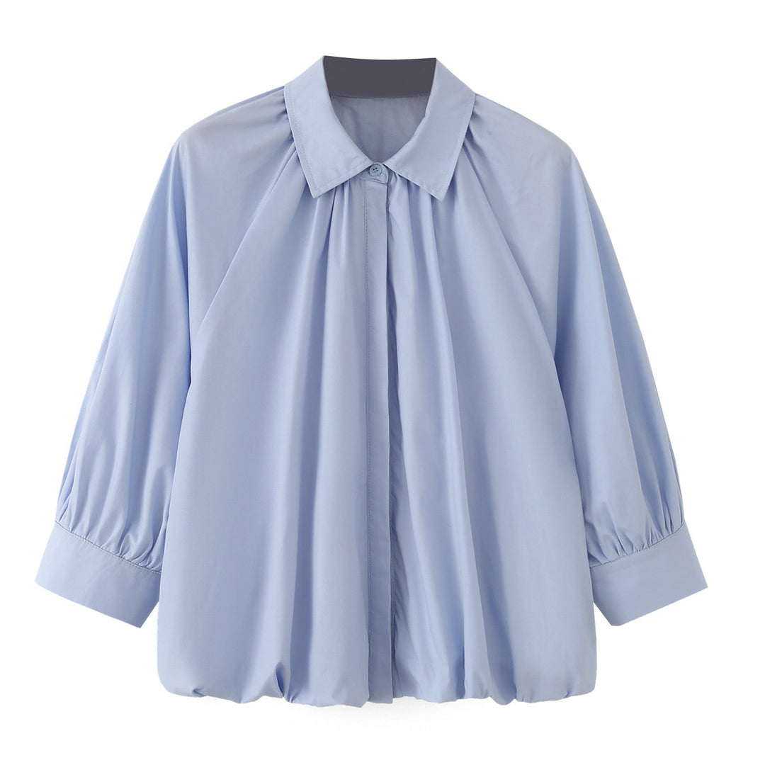 Damen Weites Blusenshirt mit Kellerfalten Ballonärmeln und Hemdkragen Nord Taschen
