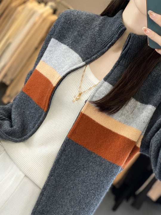 Damen Reißverschluss-Strickcardigan aus weichem Wollmix mit Blockstreifen und geripptem Saum Nord Taschen