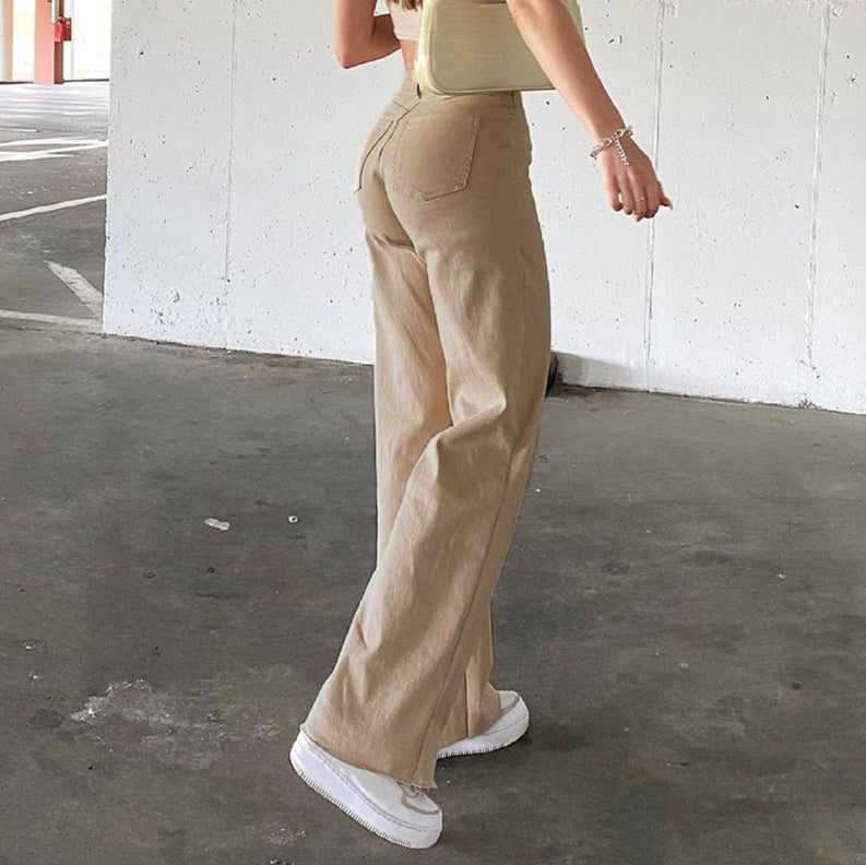 Damen hochgeschnittene Weitbein-Hose aus Baumwollmix mit verlängertem Bein und Fünf-Taschen-Design Nord Taschen