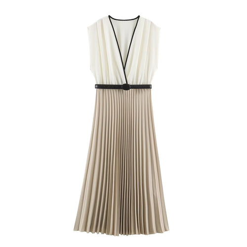 Damen Plissiertes Midikleid mit Wick‑V‑Ausschnitt und Taillengürtel Nord Taschen