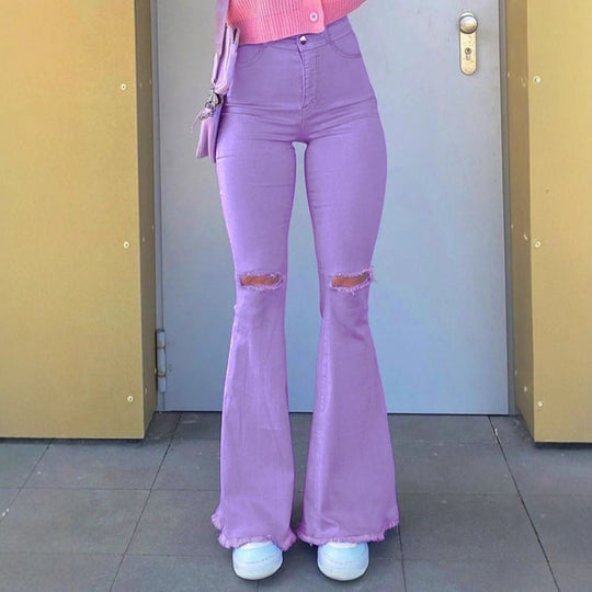 Damen Hochgeschnittene Stretch-Flared-Jeans mit Knieausriss, ausgestelltem Bein und rohem Saum Nord Taschen