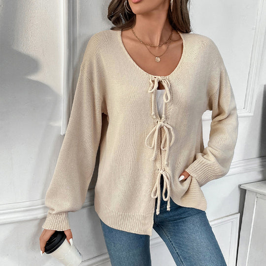 Damen Lässiger Oversize-Strickpullover mit vorderer Band‑Schnürung Nord Taschen