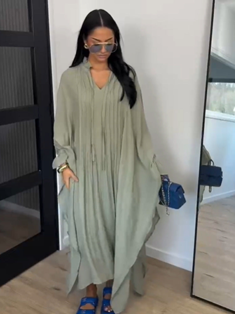 Damen Maxikleid im Kaftan-Stil mit Rüschenkragen, Bindebändern und voluminösen Ärmeln Nord Taschen