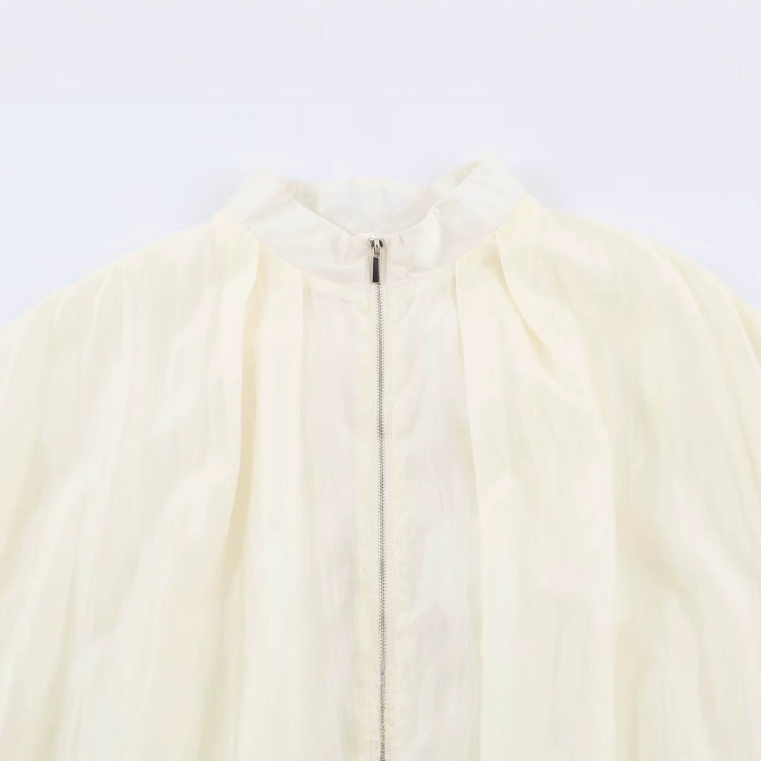 Damen Leichte semitransparente Blousonjacke mit Ballonärmeln und Metallreißverschluss Nord Taschen