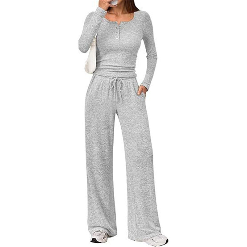 Damen Zweiteiliges Feinstrick-Lounge-Set mit Henley-Top und Palazzo-Hose Nord Taschen