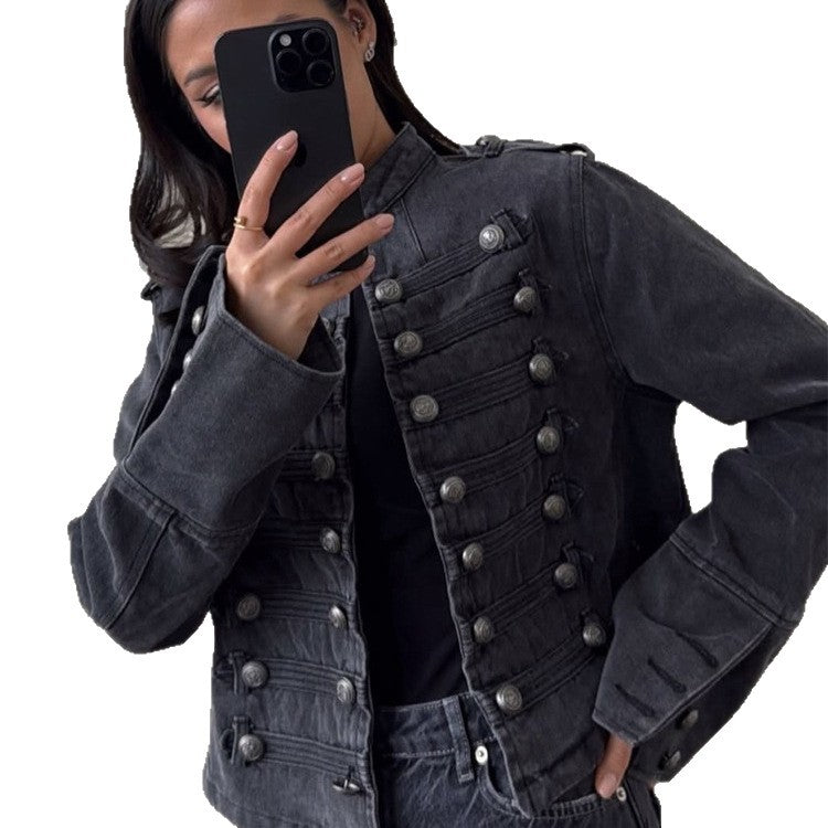 Damen Kurz-Jeansjacke mit Paradeborte und Zierknopfleiste Nord Taschen
