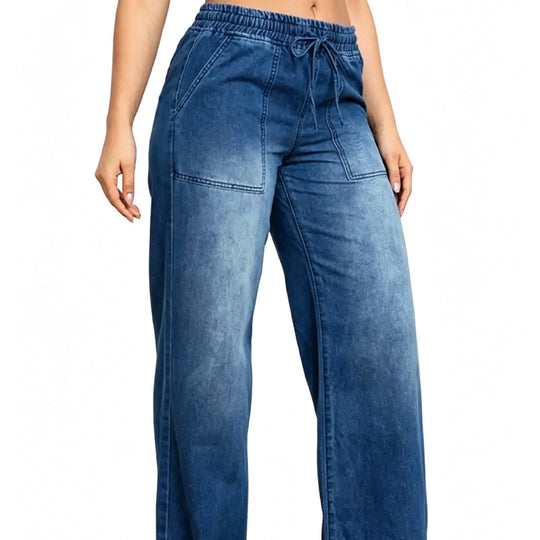 Damen Weite High-Waist-Jeans mit elastischem Bund und Kordelzug Nord Taschen