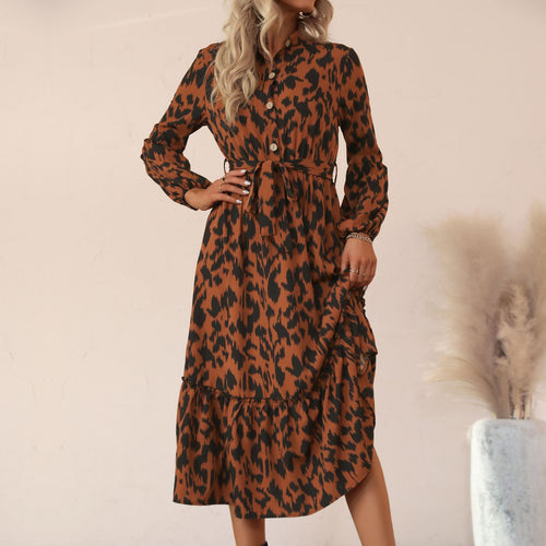Damen Viskose-Midikleid mit Leoparden-Print, verdeckter Knopfleiste, Taillenband und Stufenvolant Nord Taschen