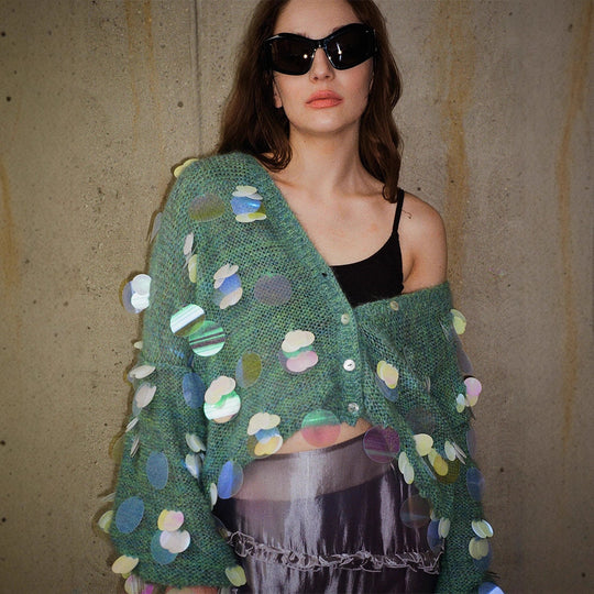 Damen Grobgestrickter Mohair-Cardigan mit übergroßen Pailletten und kastiger Silhouette Nord Taschen