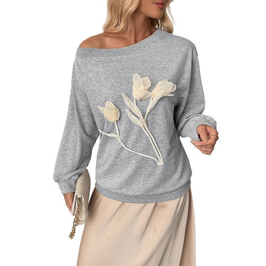 Damen Lockeres Off-Shoulder Sweatshirt mit 3D-Blütenapplikation und überschnittener Schulter Nord Taschen