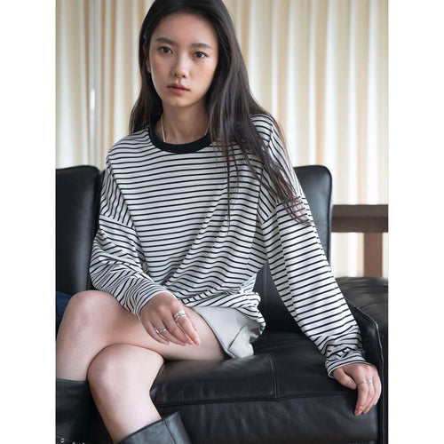 Damen Oversized Streifen-Langarmshirt mit kontrastierendem Rundhalsausschnitt Nord Taschen
