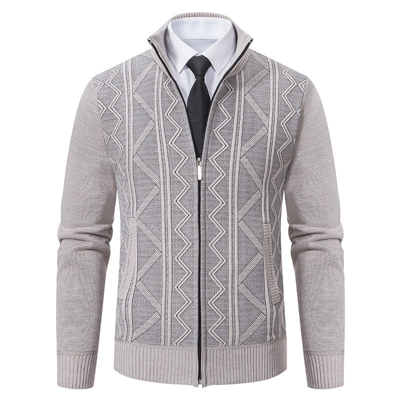 Herren Strukturiertes Feinstrick-Zipcardigan mit Stehkragen und geometrischem Zopfmuster Nord Taschen