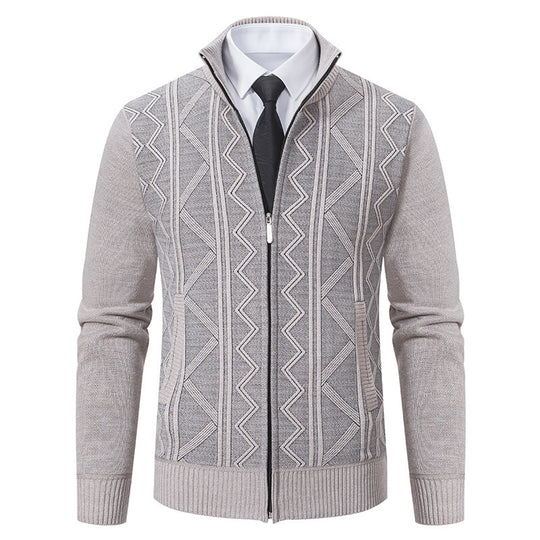 Herren Strukturiertes Feinstrick-Zipcardigan mit Stehkragen und geometrischem Zopfmuster Nord Taschen
