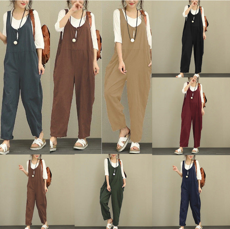 Damen Lässiger Harem-Overall aus Leinen mit verstellbaren Trägern und Seitentaschen Nord Taschen