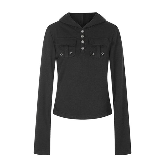 Damen Leichtes Kapuzen-Langarmshirt mit Henley-Knopfleiste und aufgesetzten Brusttaschen Nord Taschen