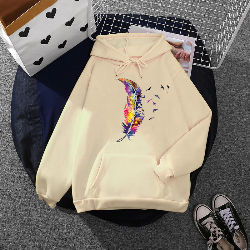 Damen nan Kapuzenpullover mit künstlerischem Aquarell‑Federmotiv, Oversize‑Schnitt und Kängurutasche Nord Taschen