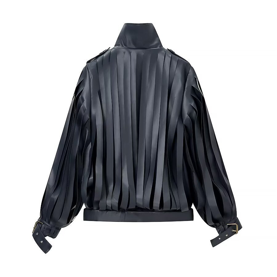Damen Lederimitat‑Fransenblouson mit Stehkragen und Taillengürtel Nord Taschen